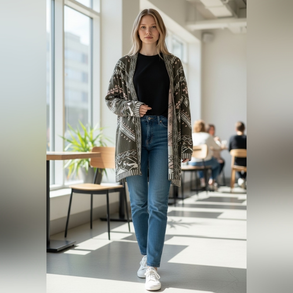 Pink Republic Geometric Cardigan in Olive and Cream